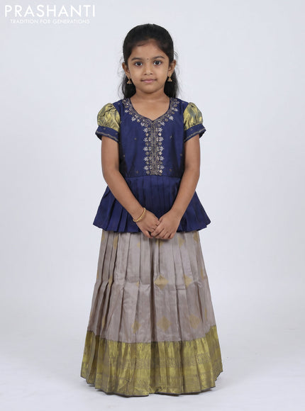 Pure silk kids Lehenga navy blue and grey with embroidery neck pattern and puff sleeve