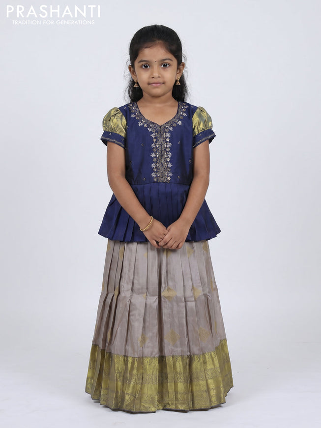 Pure silk kids Lehenga navy blue and grey with embroidery neck pattern and puff sleeve