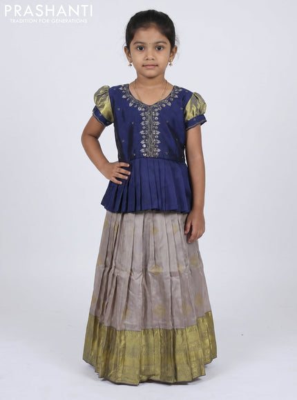 Pure silk kids Lehenga navy blue and grey with embroidery neck pattern and puff sleeve