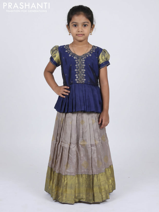 Pure silk kids Lehenga navy blue and grey with embroidery neck pattern and puff sleeve