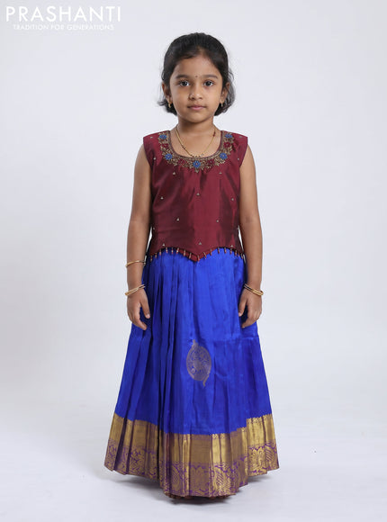 Pure silk kids Lehenga maroon and blue with embroidery neck pattern and sleeveless style
