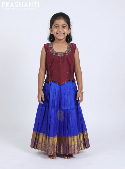 Pure silk kids Lehenga maroon and blue with embroidery neck pattern and sleeveless style