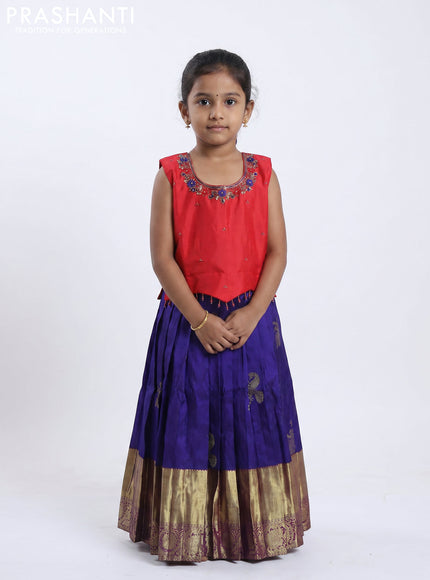 Pure silk kids Lehenga red and blue with embroidery neck pattern and sleeveless style