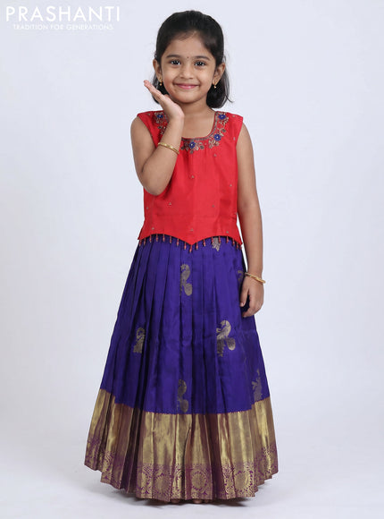 Pure silk kids Lehenga red and blue with embroidery neck pattern and sleeveless style