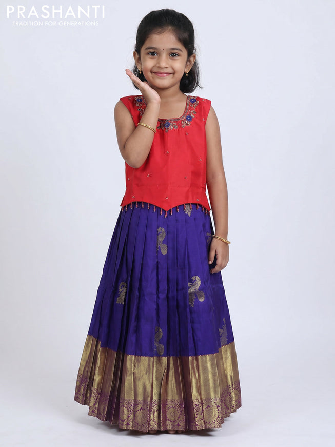 Pure silk kids Lehenga red and blue with embroidery neck pattern and sleeveless style