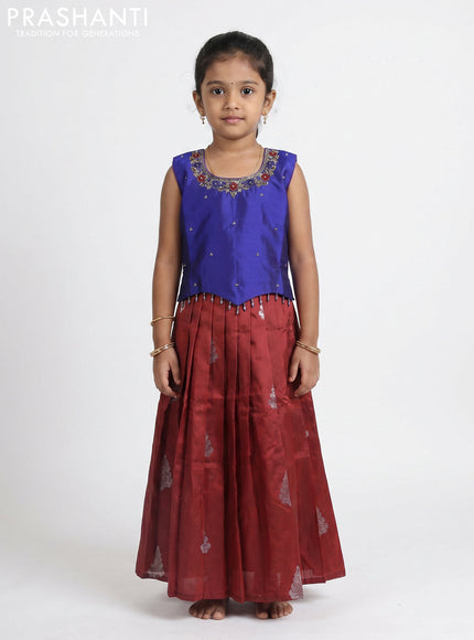 Pure silk kids Lehenga blue and maroon with embroidery neck pattern and sleeveless style