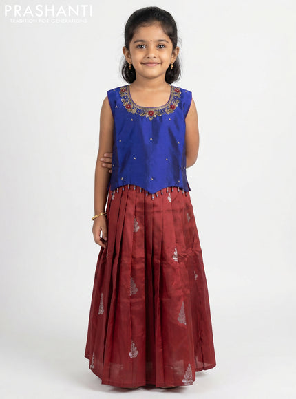 Pure silk kids Lehenga blue and maroon with embroidery neck pattern and sleeveless style