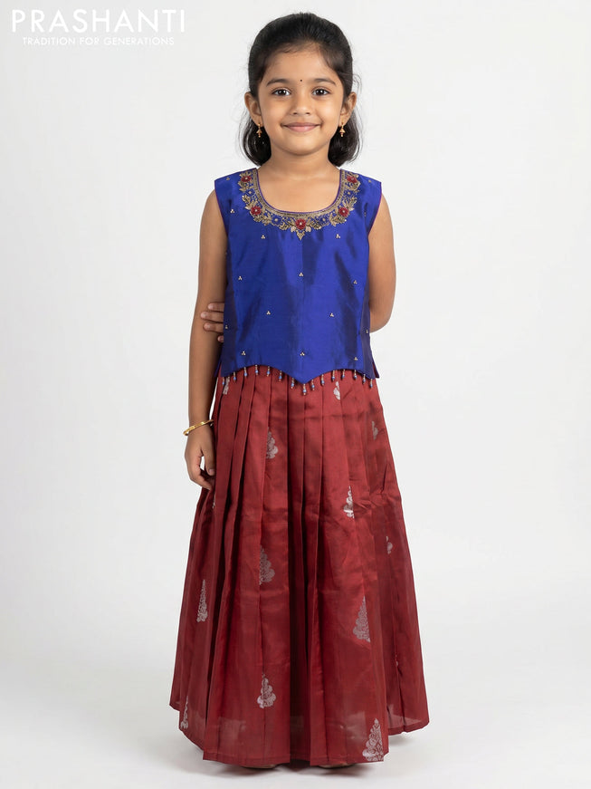 Pure silk kids Lehenga blue and maroon with embroidery neck pattern and sleeveless style