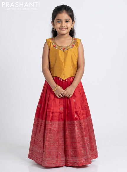 Pure silk kids Lehenga dark mustard and red with embroidery neck pattern and sleeveless style