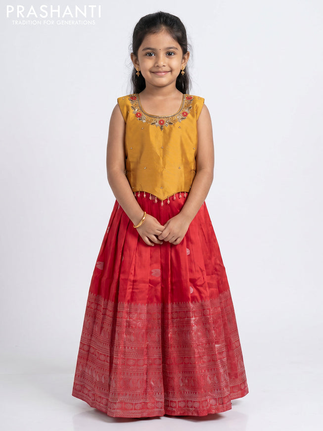 Pure silk kids Lehenga dark mustard and red with embroidery neck pattern and sleeveless style