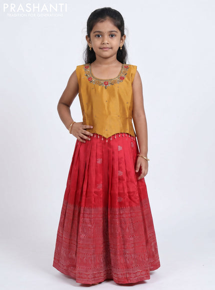 Pure silk kids Lehenga dark mustard and red with embroidery neck pattern and sleeveless style