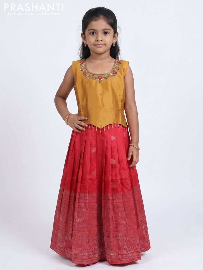 Pure silk kids Lehenga dark mustard and red with embroidery neck pattern and sleeveless style