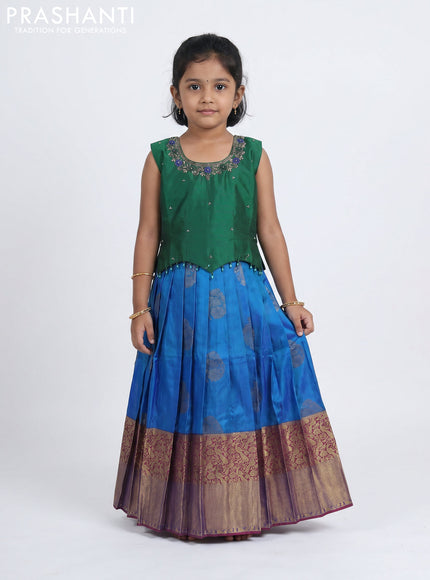 Pure silk kids Lehenga green and cs blue with embroidery neck pattern and sleeveless style
