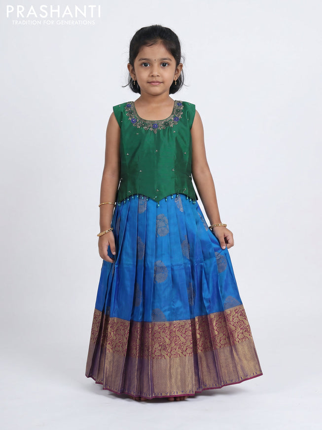 Pure silk kids Lehenga green and cs blue with embroidery neck pattern and sleeveless style