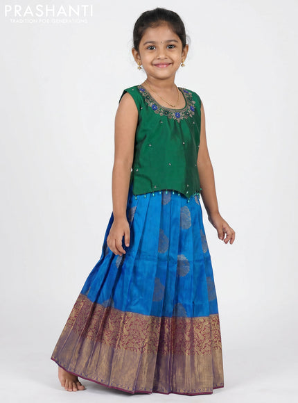 Pure silk kids Lehenga green and cs blue with embroidery neck pattern and sleeveless style