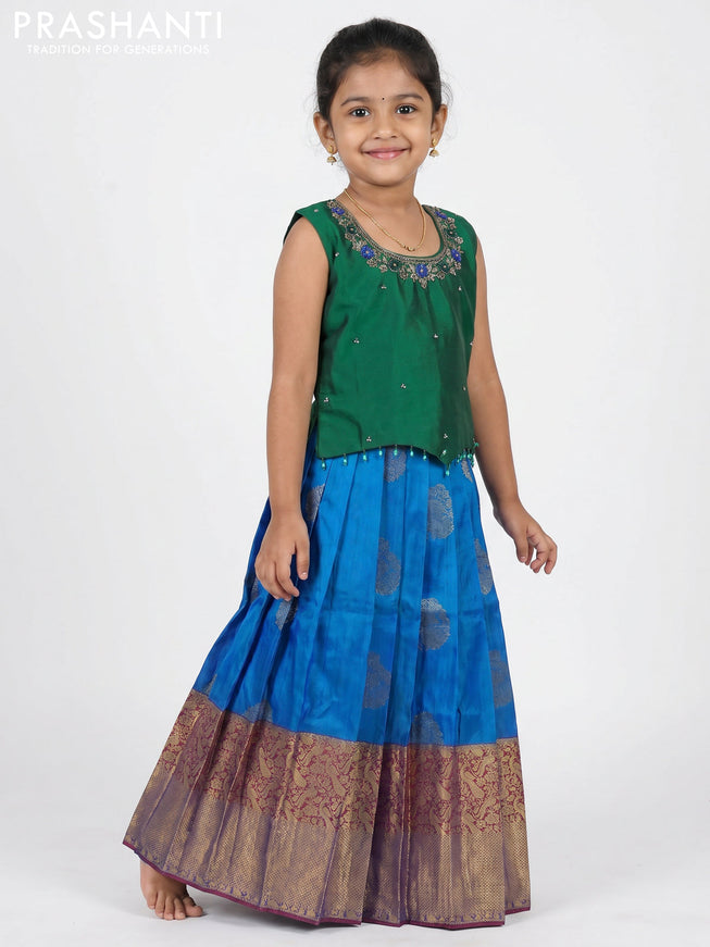 Pure silk kids Lehenga green and cs blue with embroidery neck pattern and sleeveless style