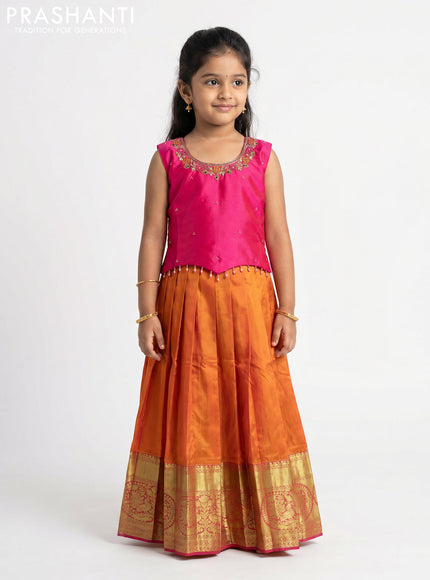 Pure silk kids Lehenga pink and dual tone sunset orange with embroidery neck pattern and sleeveless style