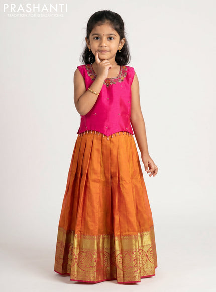 Pure silk kids Lehenga pink and dual tone sunset orange with embroidery neck pattern and sleeveless style