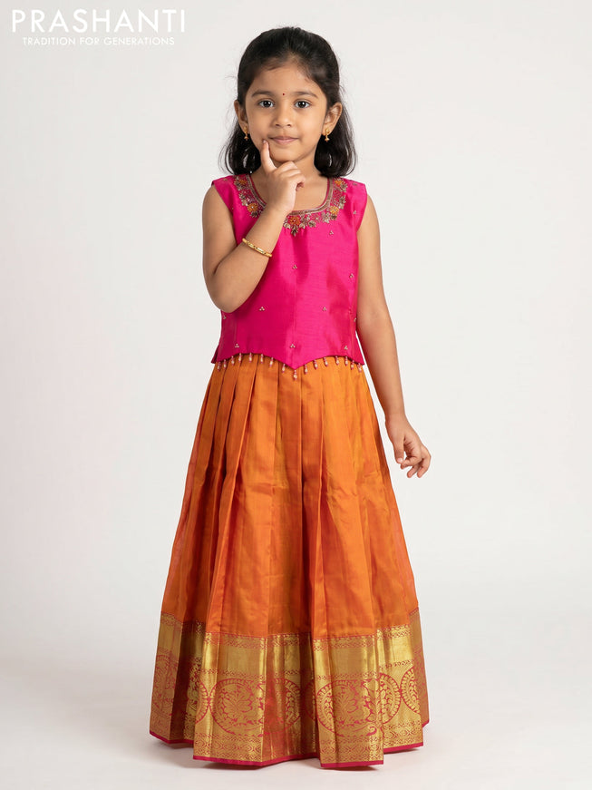 Pure silk kids Lehenga pink and dual tone sunset orange with embroidery neck pattern and sleeveless style