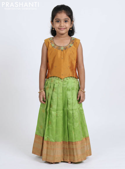 Pure silk kids Lehenga dark mustard and pista green with embroidery neck pattern and sleeveless style