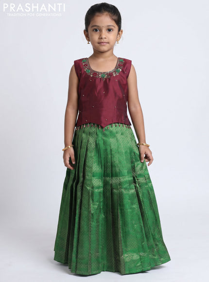Pure silk kids Lehenga maroon and green with embroidery neck pattern and sleeveless style