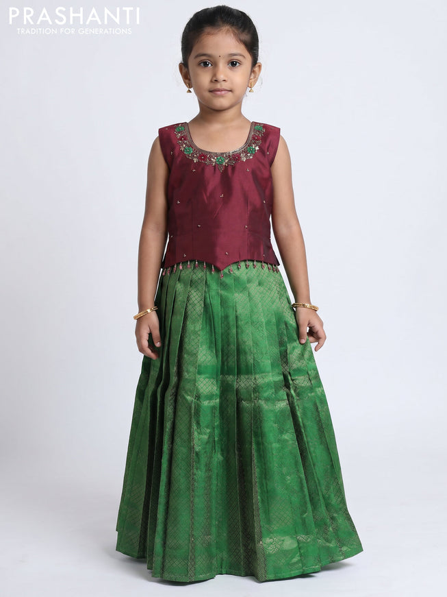 Pure silk kids Lehenga maroon and green with embroidery neck pattern and sleeveless style