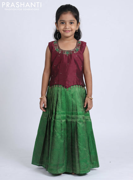 Pure silk kids Lehenga maroon and green with embroidery neck pattern and sleeveless style
