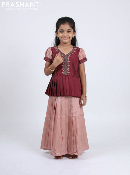 Pure silk kids Lehenga maroon and pastel peach with embroidery neck pattern and puff sleeve