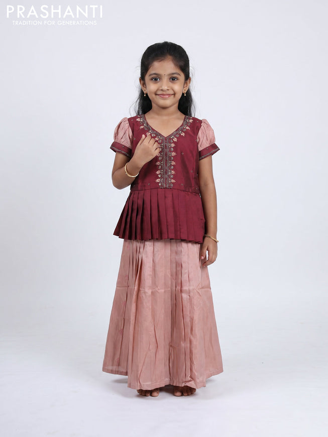 Pure silk kids Lehenga maroon and pastel peach with embroidery neck pattern and puff sleeve