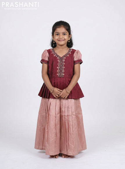Pure silk kids Lehenga maroon and pastel peach with embroidery neck pattern and puff sleeve