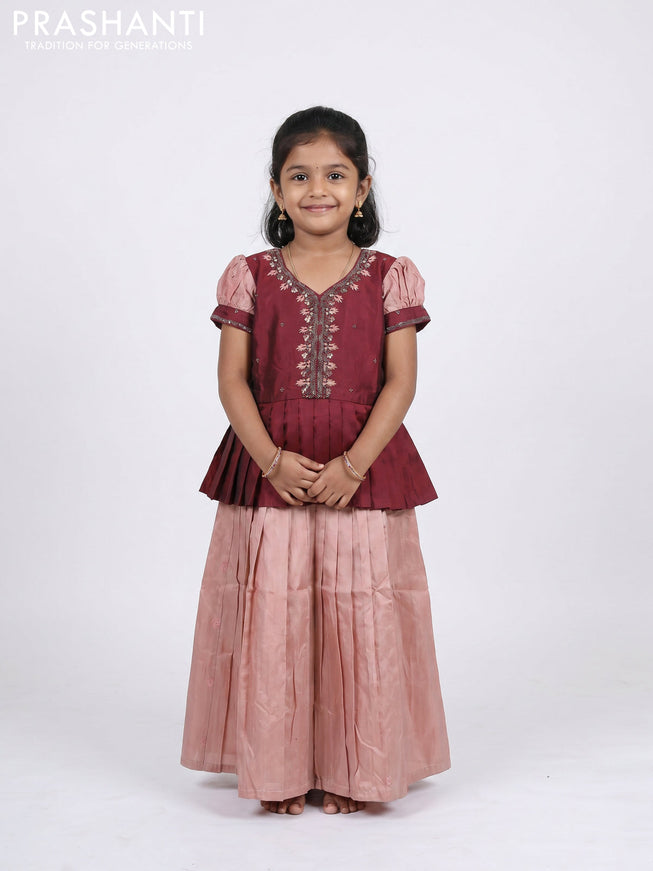 Pure silk kids Lehenga maroon and pastel peach with embroidery neck pattern and puff sleeve