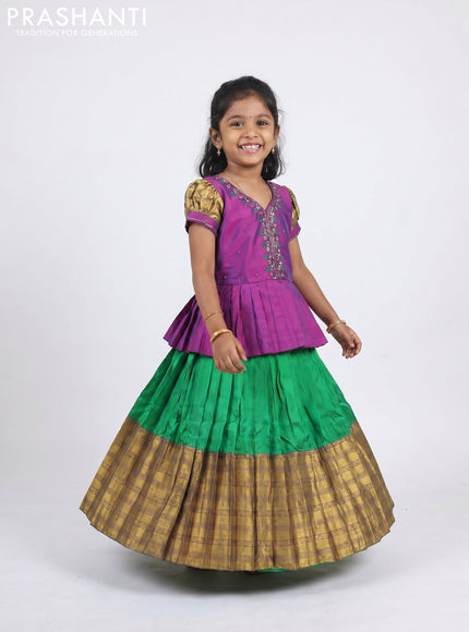 Pure silk kids Lehenga purple and green with embroidery neck pattern and puff sleeve