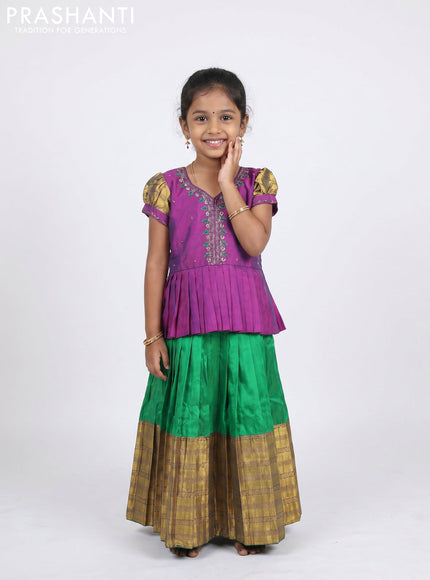 Pure silk kids Lehenga purple and green with embroidery neck pattern and puff sleeve