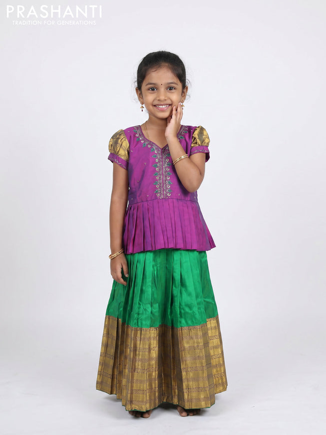 Pure silk kids Lehenga purple and green with embroidery neck pattern and puff sleeve
