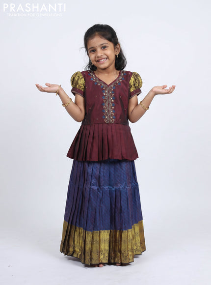 Pure silk kids Lehenga maroon and dual tone peacock blue with embroidery neck pattern and puff sleeve
