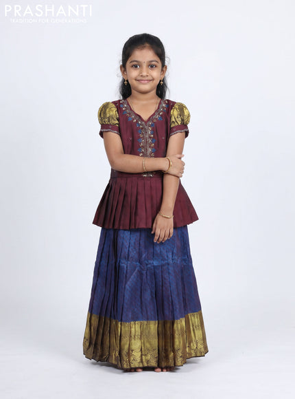 Pure silk kids Lehenga maroon and dual tone peacock blue with embroidery neck pattern and puff sleeve