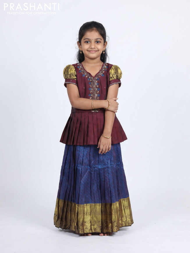 Pure silk kids Lehenga maroon and dual tone peacock blue with embroidery neck pattern and puff sleeve