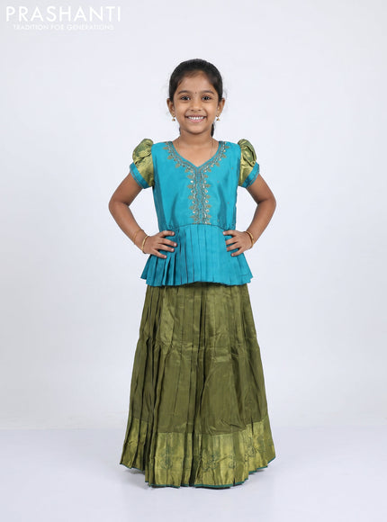 Pure silk kids Lehenga teal blue and mehendi green with embroidery neck pattern and puff sleeve