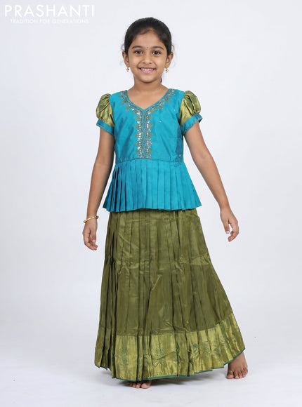 Pure silk kids Lehenga teal blue and mehendi green with embroidery neck pattern and puff sleeve