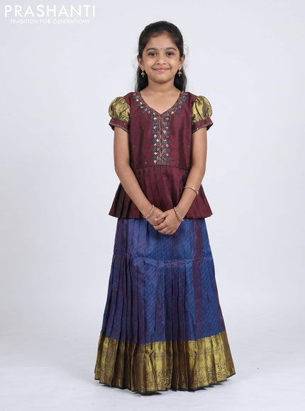 Pure silk kids Lehenga maroon and dual tone peacock blue with embroidery neck pattern and puff sleeve
