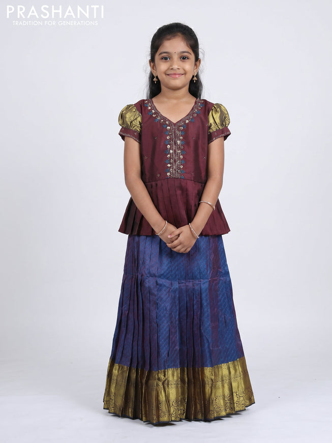 Pure silk kids Lehenga maroon and dual tone peacock blue with embroidery neck pattern and puff sleeve
