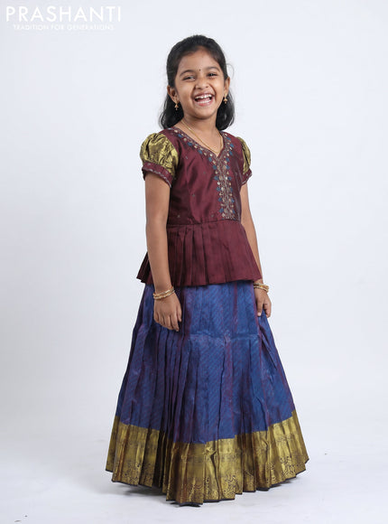 Pure silk kids Lehenga maroon and dual tone peacock blue with embroidery neck pattern and puff sleeve