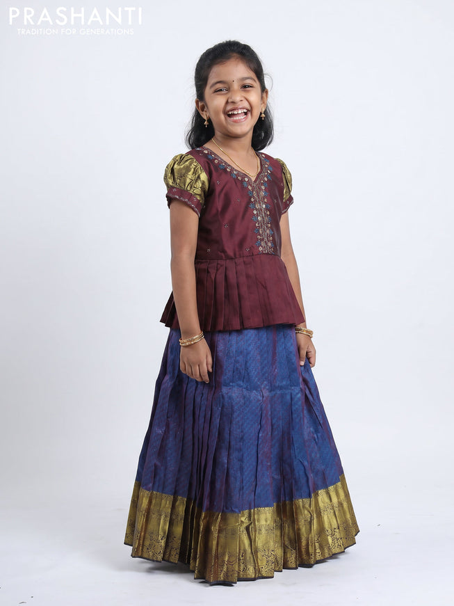 Pure silk kids Lehenga maroon and dual tone peacock blue with embroidery neck pattern and puff sleeve