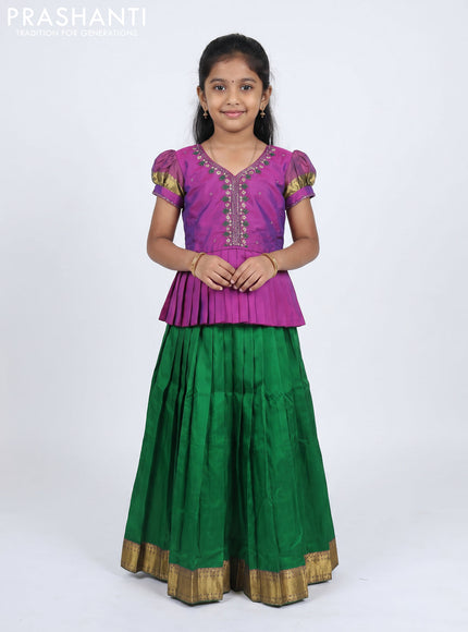 Pure silk kids Lehenga purple and green with embroidery neck pattern and puff sleeve
