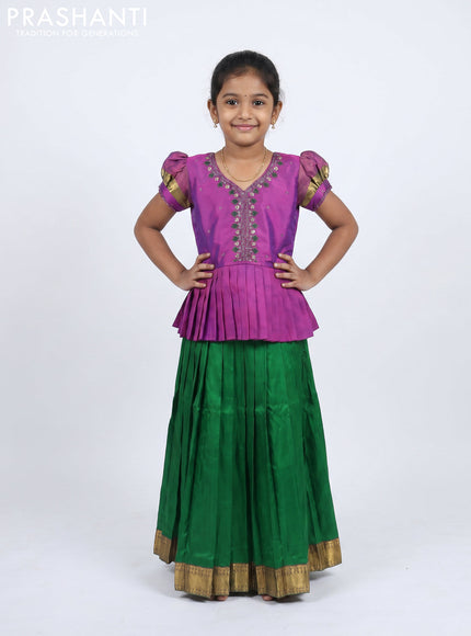 Pure silk kids Lehenga purple and green with embroidery neck pattern and puff sleeve