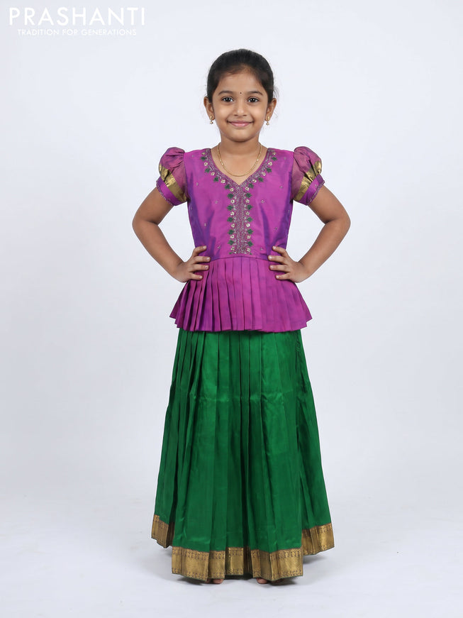 Pure silk kids Lehenga purple and green with embroidery neck pattern and puff sleeve