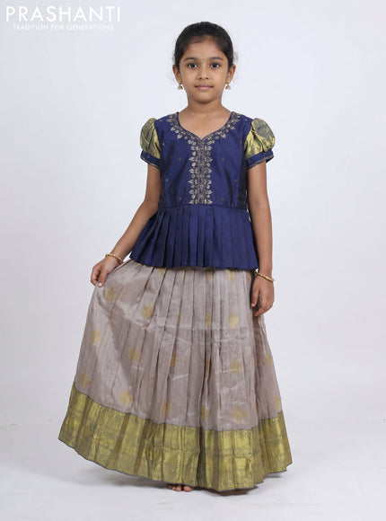 Pure silk kids Lehenga navy blue and grey with embroidery neck pattern and puff sleeve
