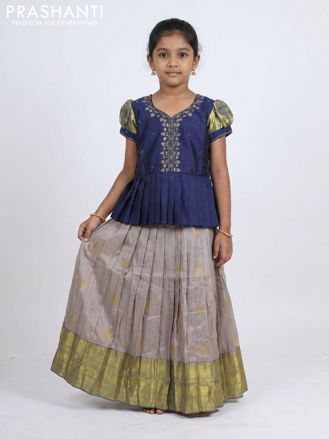 Pure silk kids Lehenga navy blue and grey with embroidery neck pattern and puff sleeve