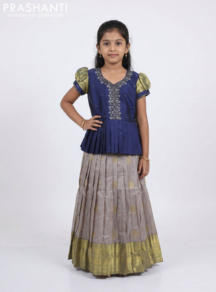 Pure silk kids Lehenga navy blue and grey with embroidery neck pattern and puff sleeve