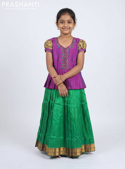 Pure silk kids Lehenga purple and green with embroidery neck pattern and puff sleeve